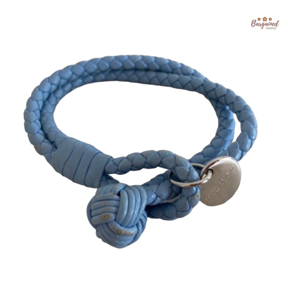 Authentic Bottega Veneta Blue Nappa Intrecciato Braided Leather Wrap Bracelet